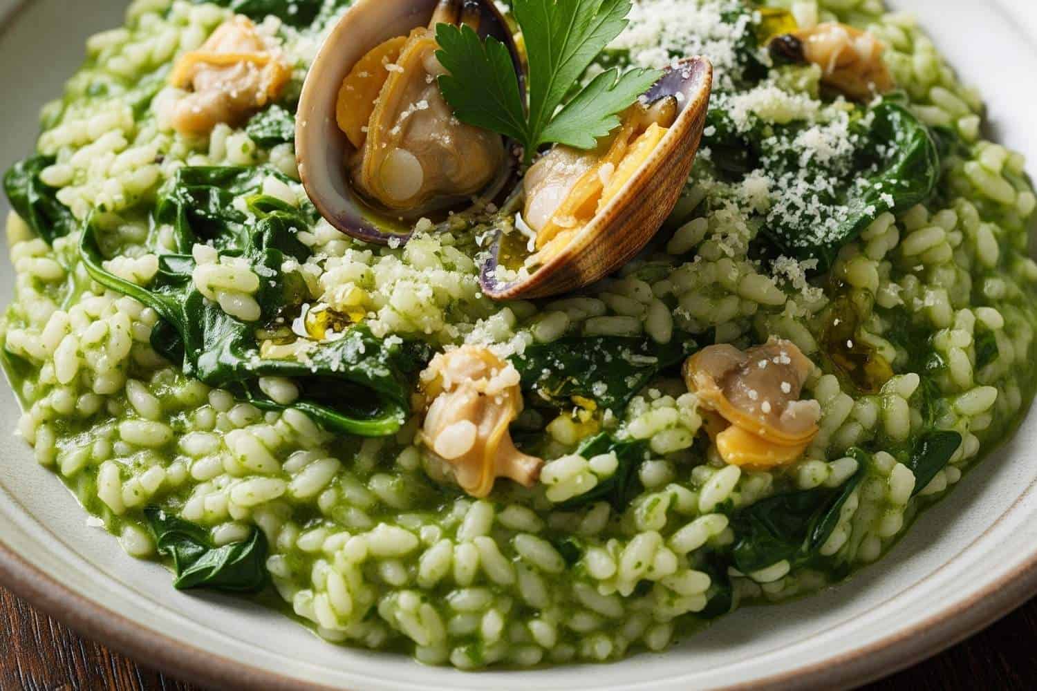 Clam and Spinach Risotto in a bowl
