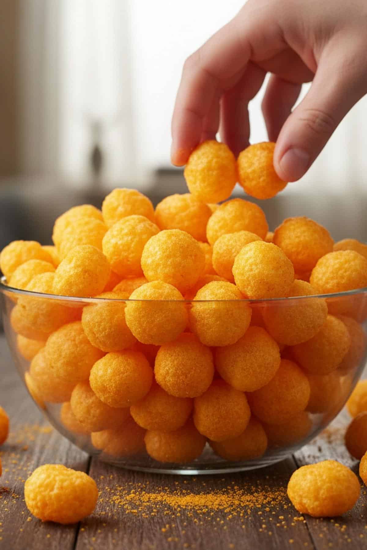 Planters Cheez Balls Recipe with a hand