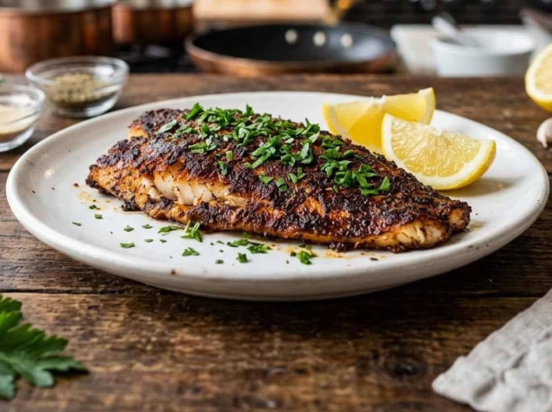 blackened catfish resting on plate