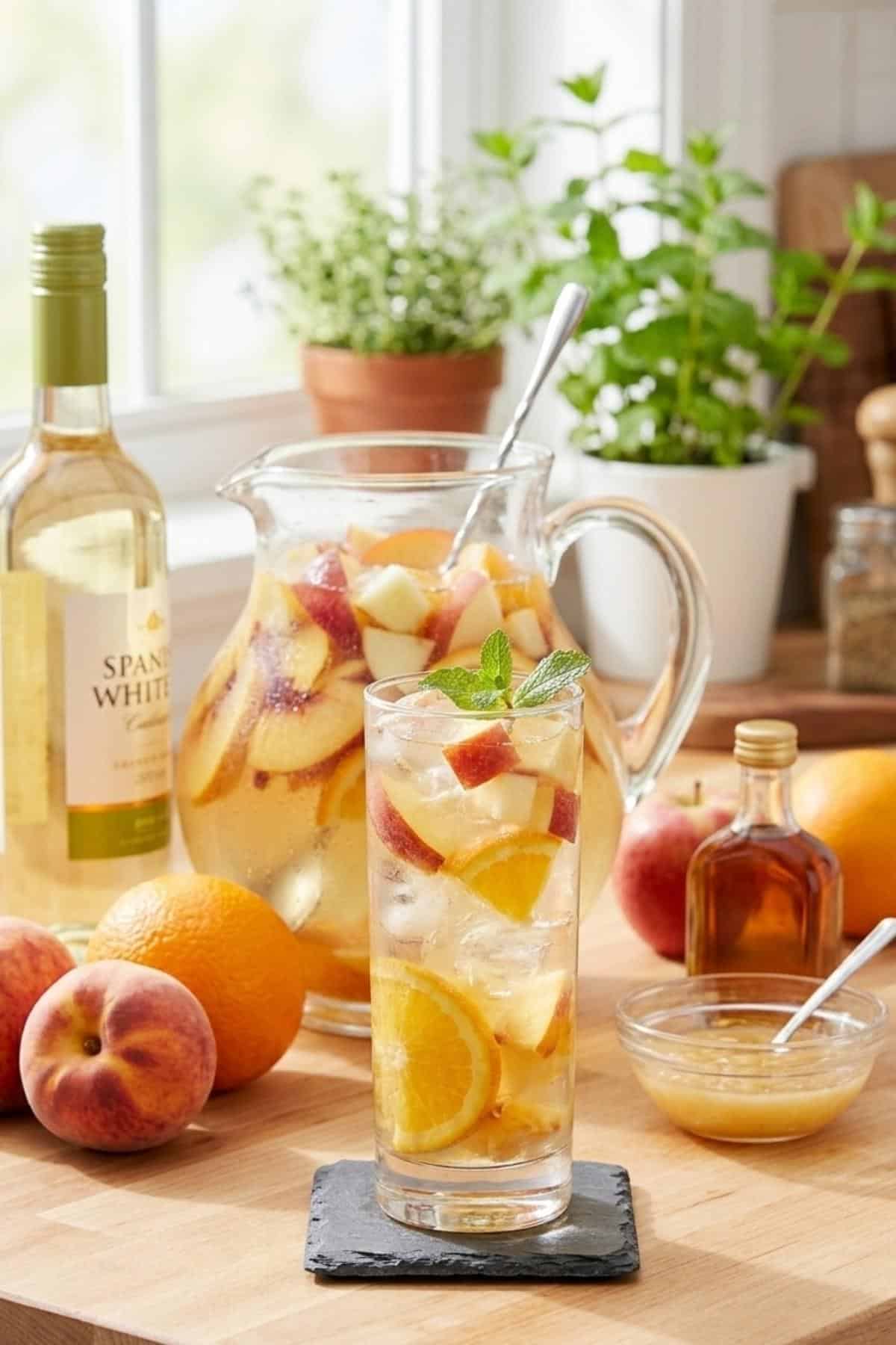 bobby flay peach sangria in a tall glass