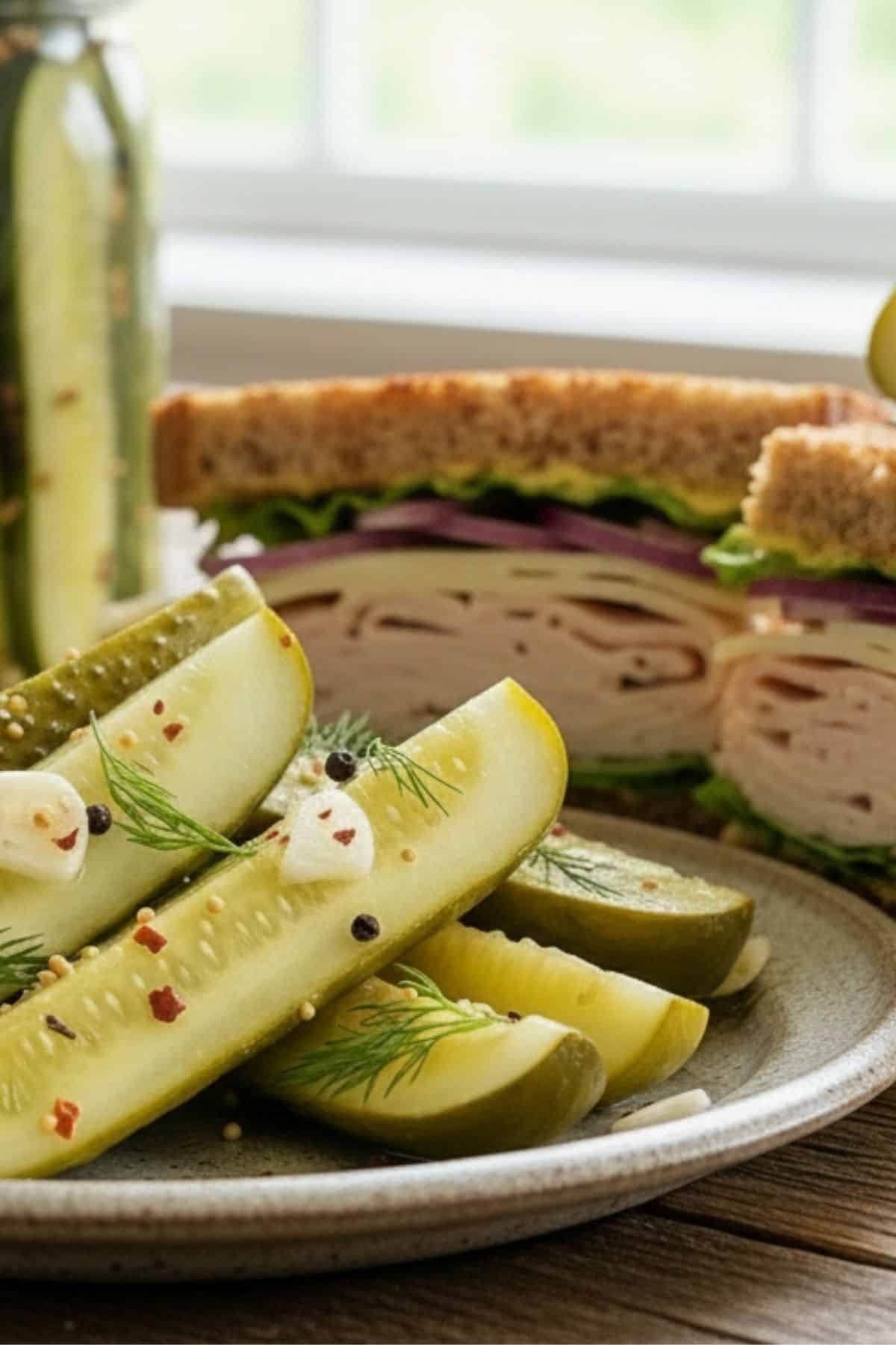 garlic dill pickles on a plate with a sandwich garlic dill pickles on a plate with a sandwich