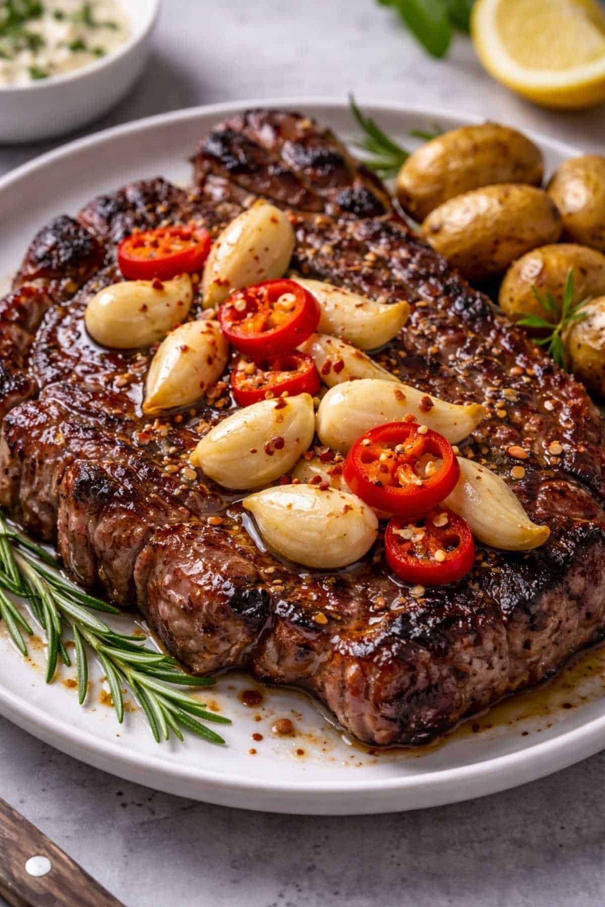 pickled garlic on a steak on a plate