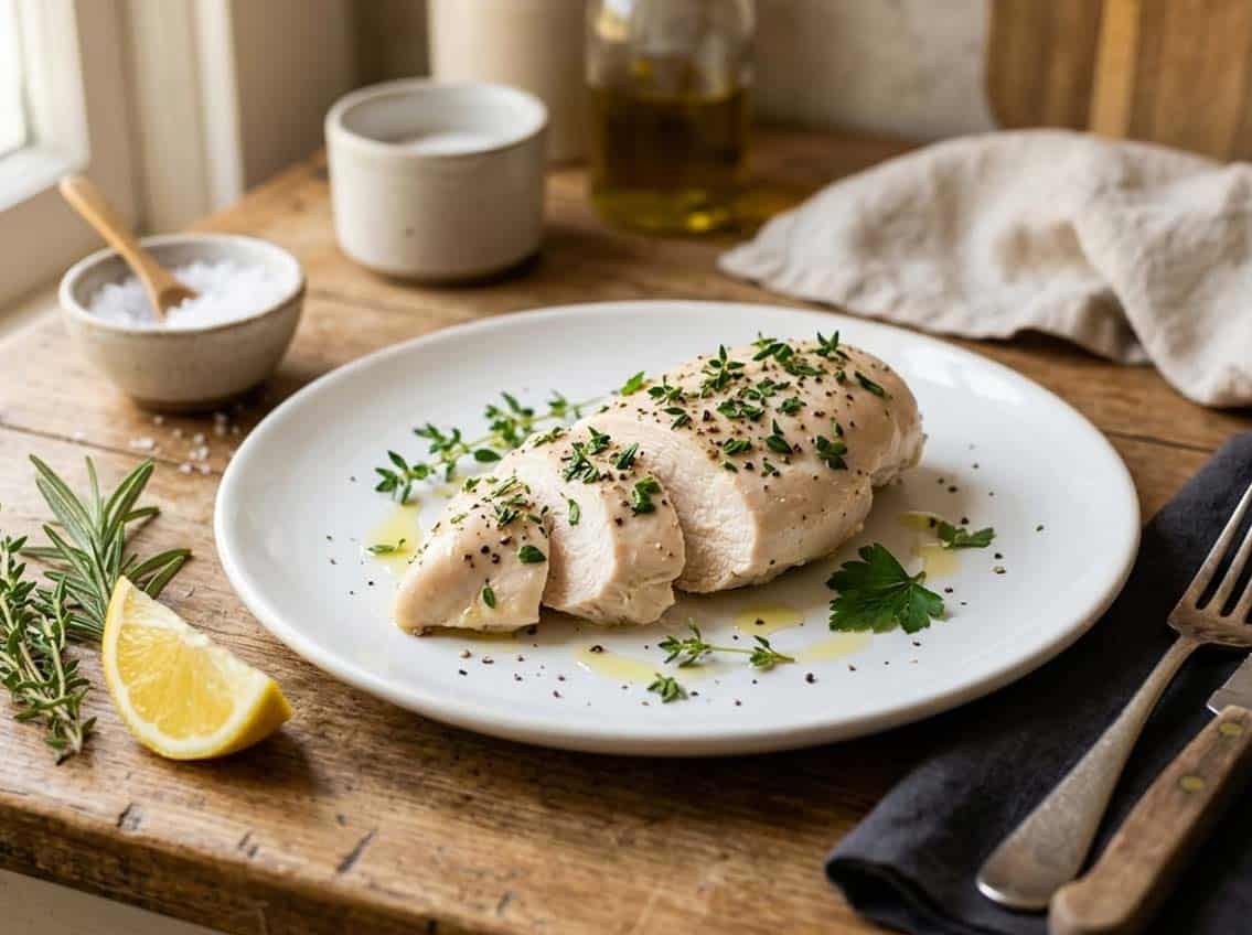 prepared poached chicken breast resting on plate
