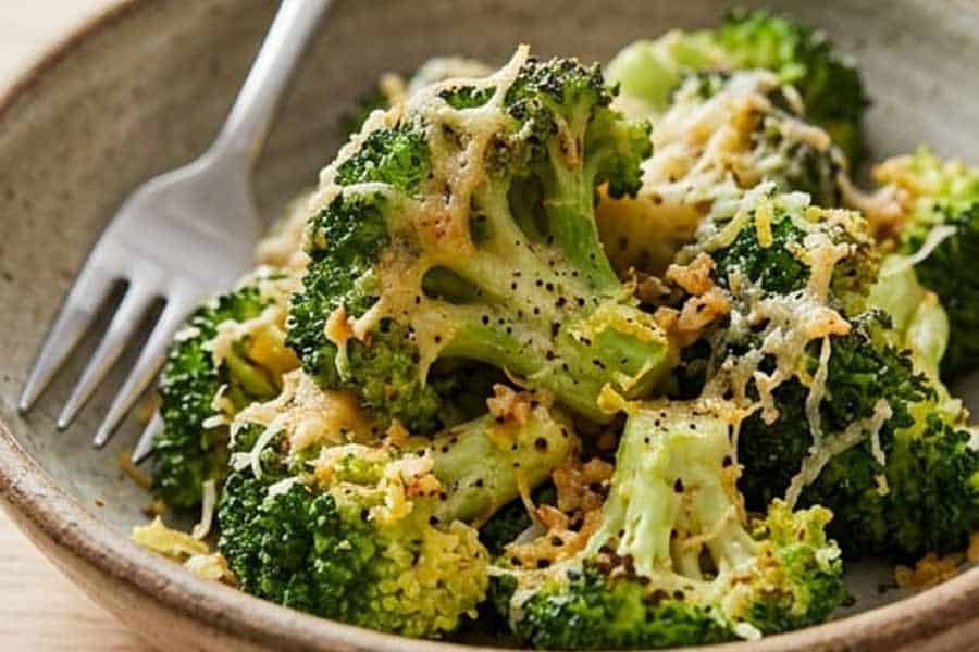 red robin garlic parmesan broccoli closeup in bowl
