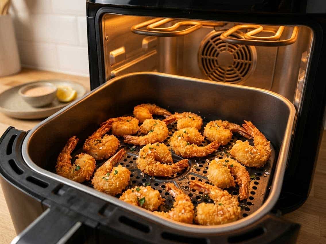 shrimp laid out in air fryer