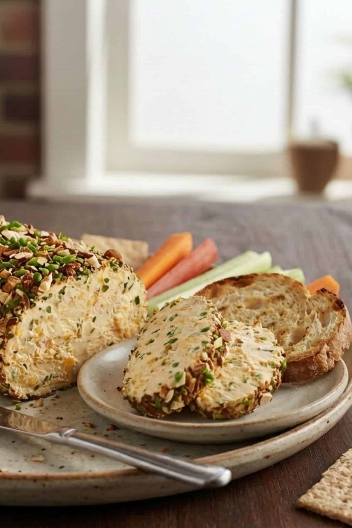 smoky cheese log on plate with bread
