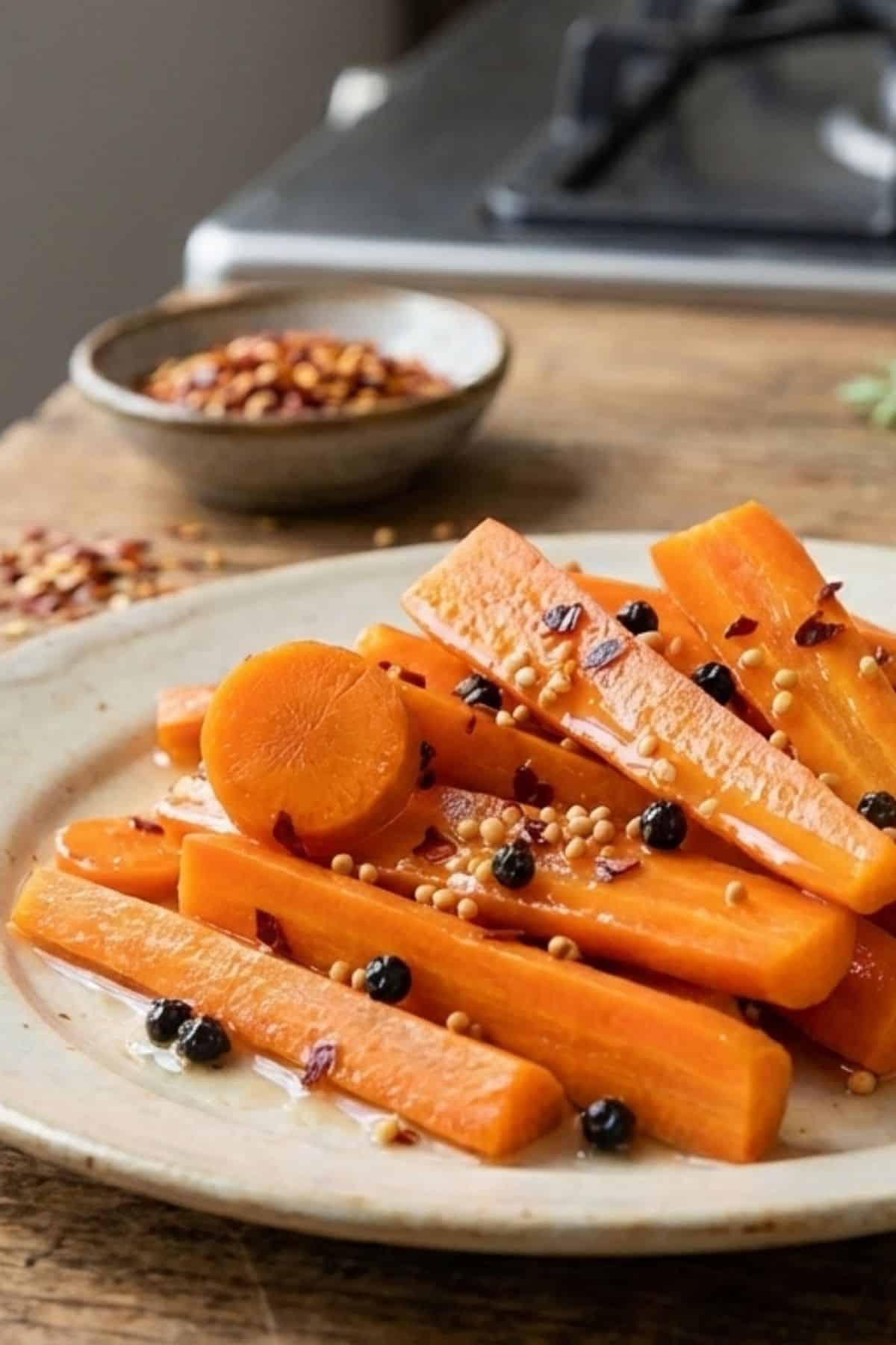 spicy pickled carrots on a plate